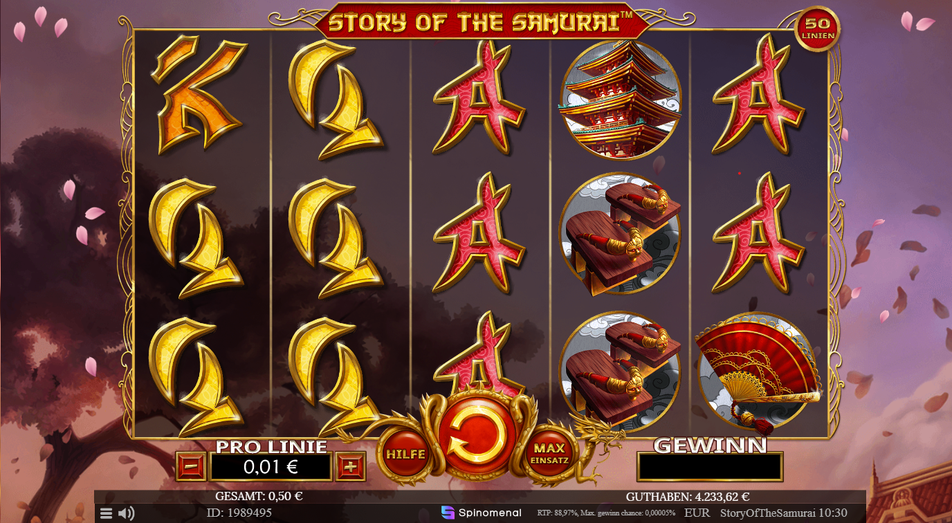 Story-of-the-Samurai-Slot mit A, K und Q Symbolen im Samurai-Design auf goldverzierten Walzen.