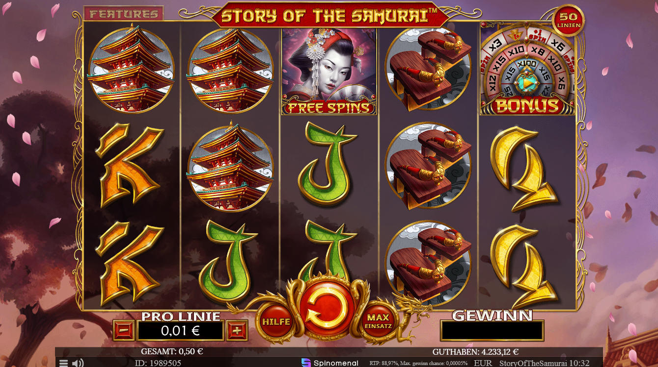 Story-of-the-Samurai-Slot mit Pagoden-, K- und J‑Symbolen sowie Bonus- und Free‑Spin‑Icons.