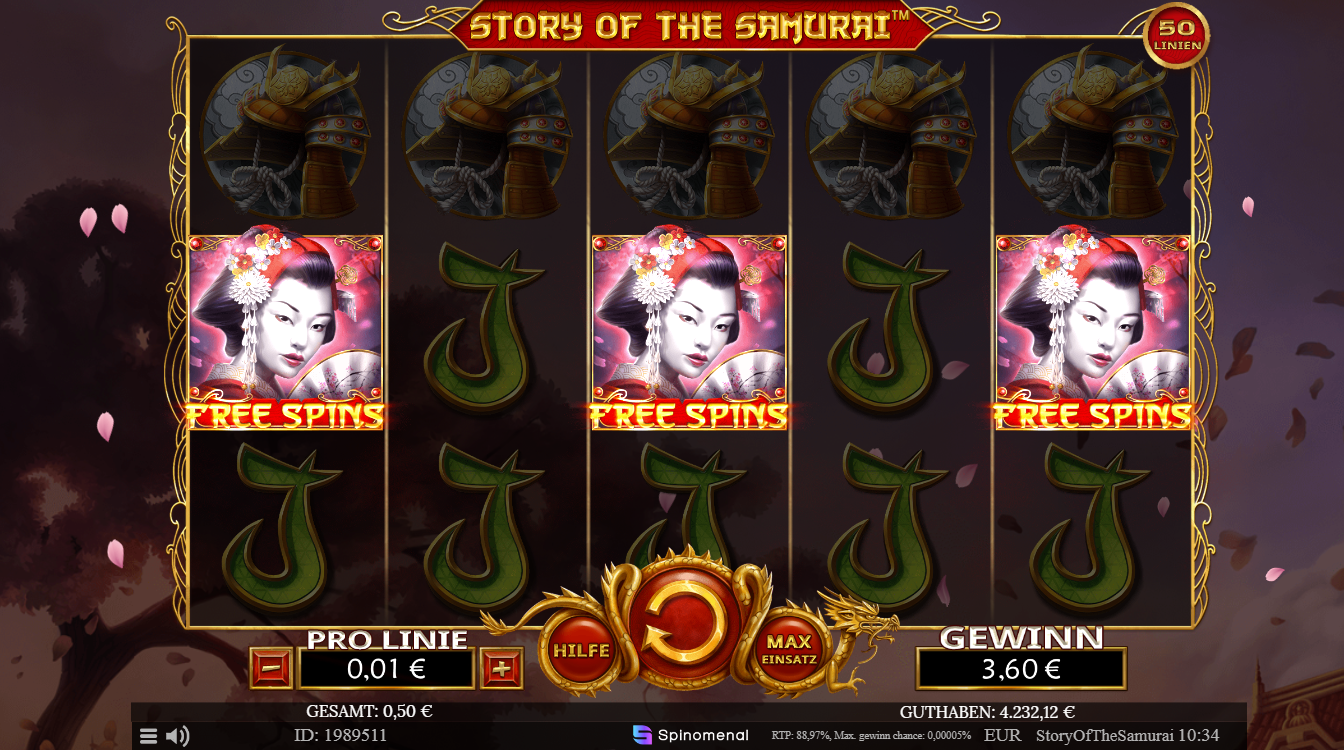 Story-of-the-Samurai-Slot mit J‑Symbolen und mehreren Free‑Spin‑Icons auf dunklem Hintergrund.
