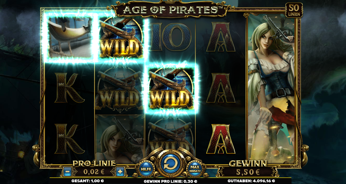 Age-of-Pirates-Slot mit leuchtenden Wild‑Kanonen, Piratin‑Symbol und Gewinnanzeige.