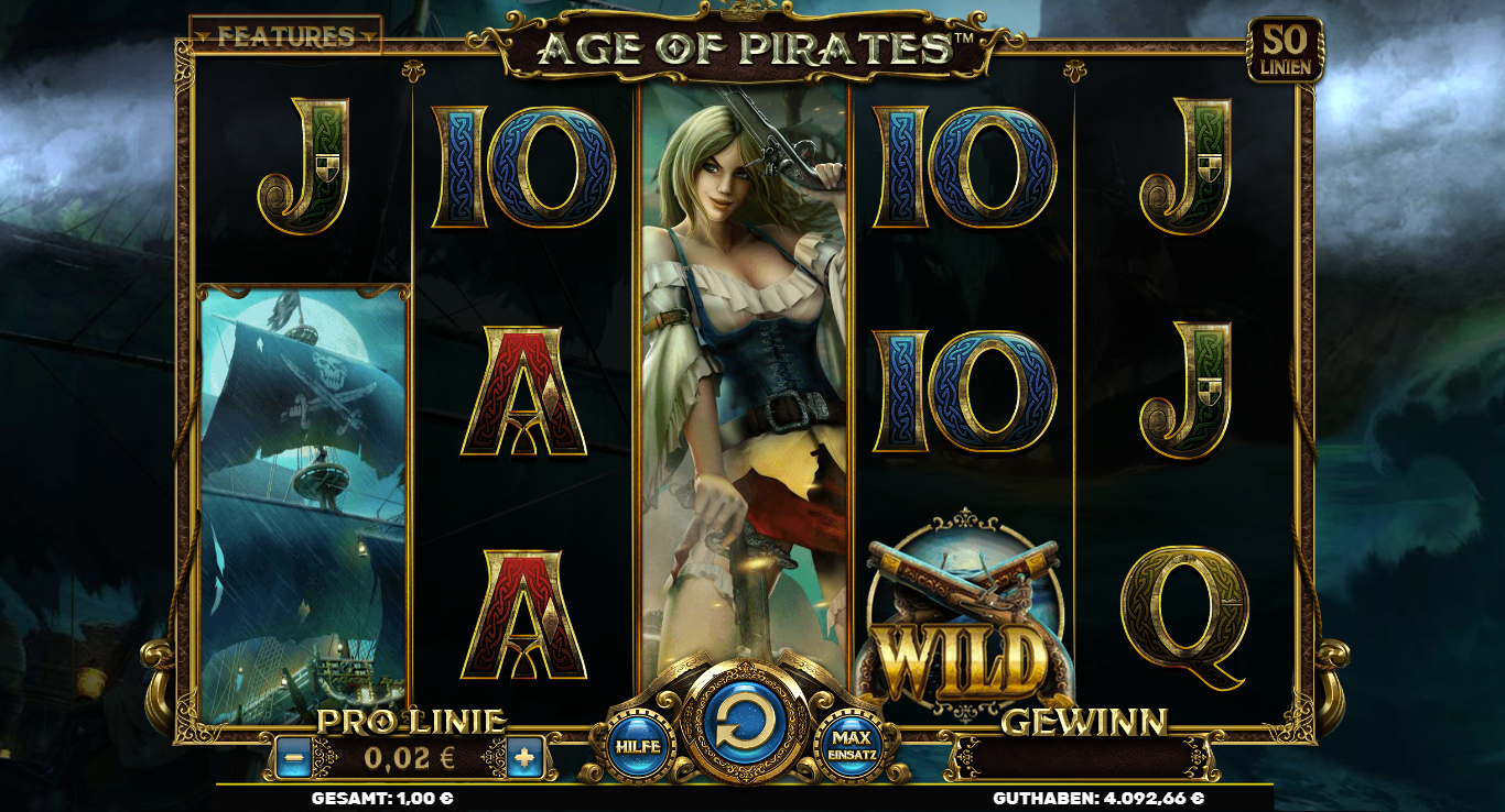 Age-of-Pirates-Slot Piratin‑Symbol, Segelschiff‑Wild, Kartenwerten und Steuerrad.