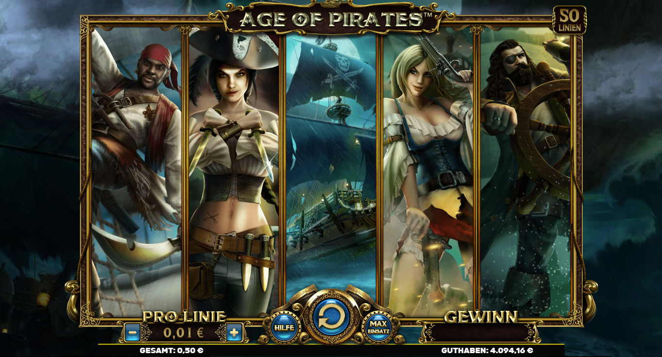 Age-of-Pirates-Slot mit Piratenfiguren, Segelschiff und Steuerrad.
