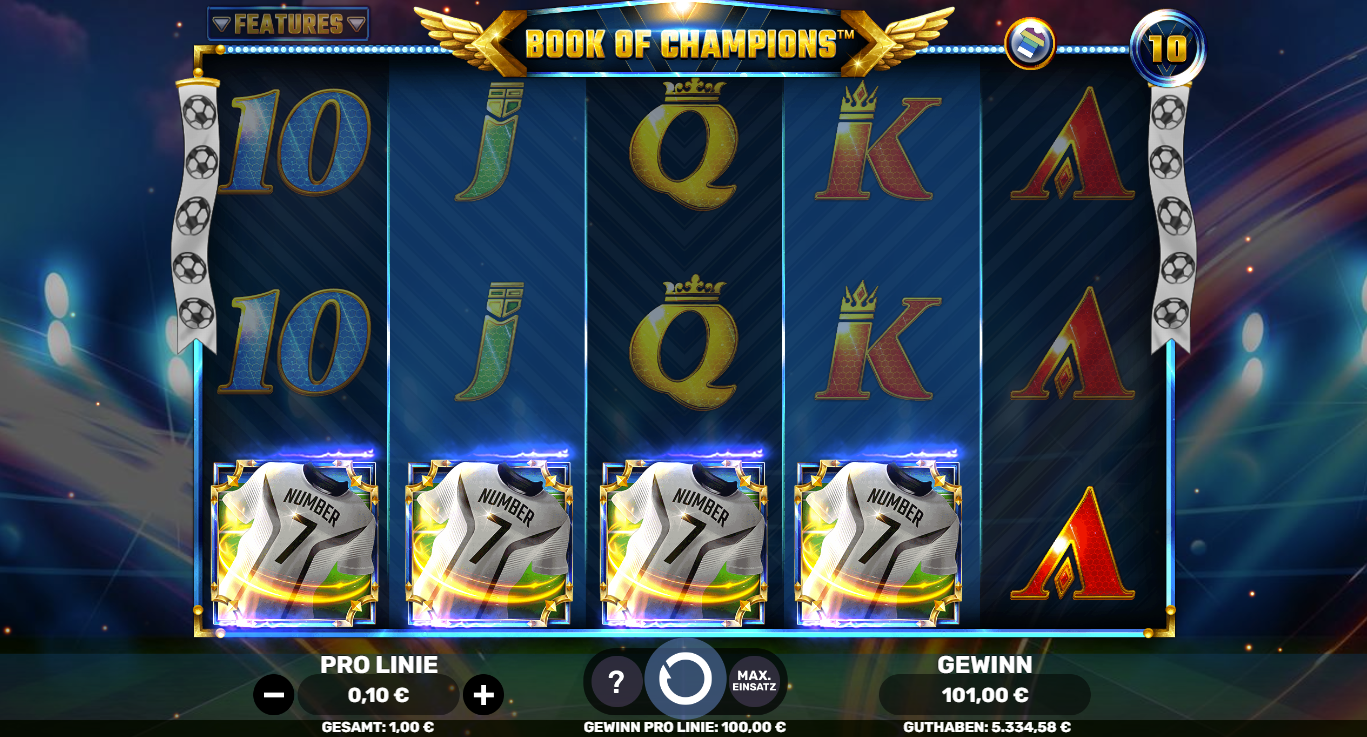 Book-of-Champions-Slot mit Trikot‑Wilds &bdquo;Number 7&ldquo;, Kartenwerten und hohem Gewinn.