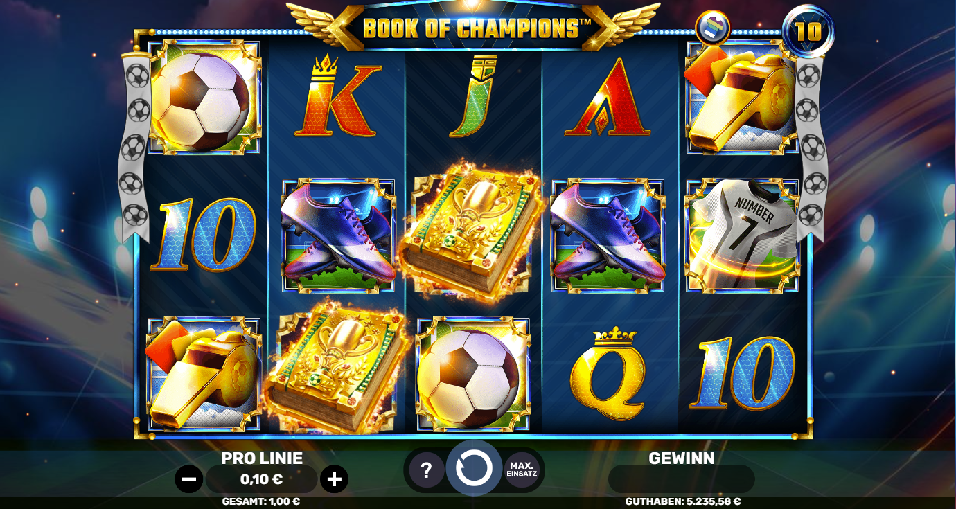 Book-of-Champions-Slot mit goldenem Buch‑Scatter, Fu&szlig;ball, Pfeife, Schuhe und Kartenwerten.