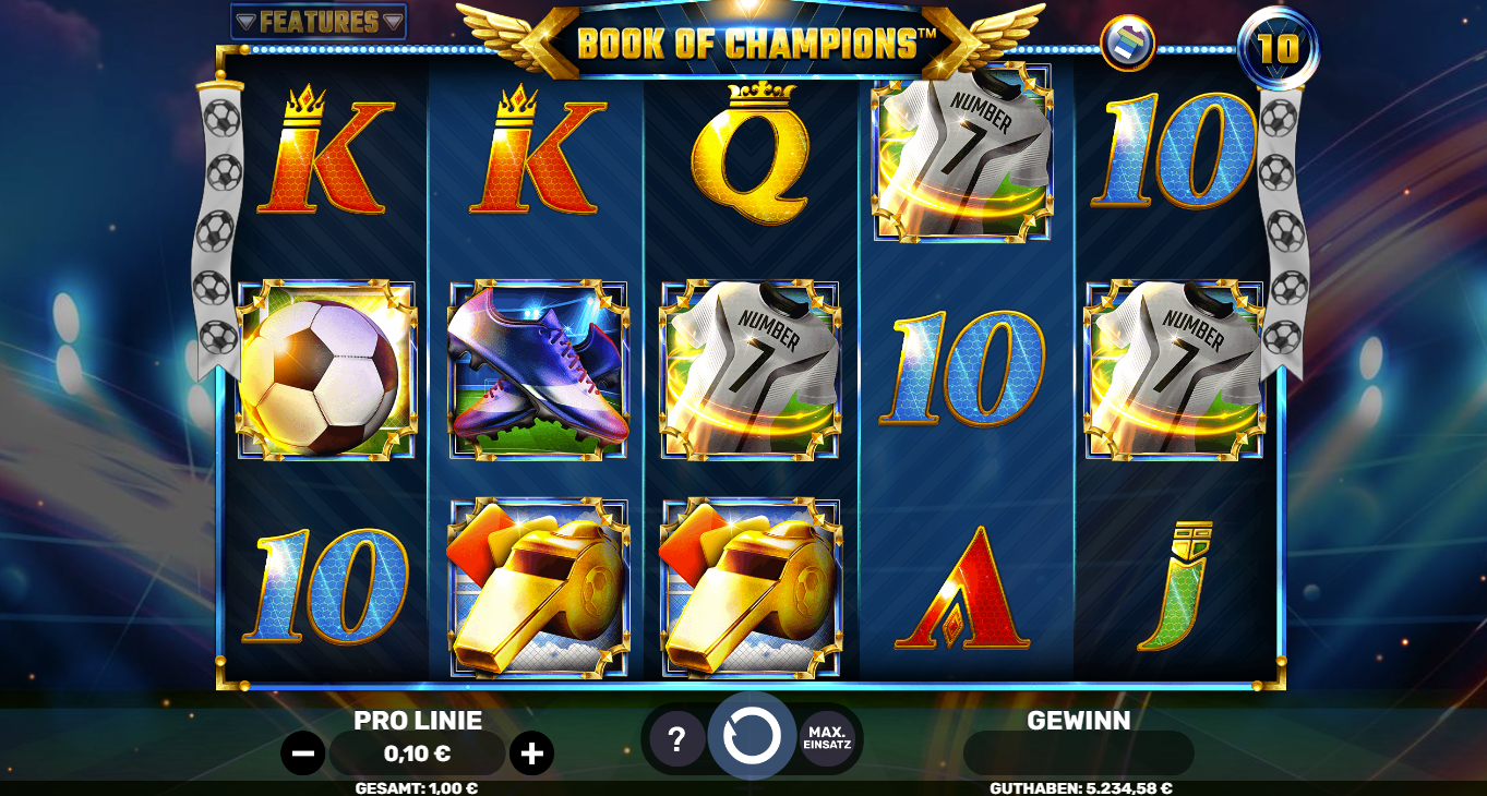 Book-of-Champions-Slot mit Fu&szlig;ball, Trikot‑Bonus, Pfeife, Schuhe und Kartenwerten.