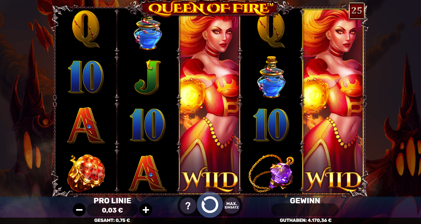 Queen-of-Fire-Slot mit feurigen Wild‑K&ouml;niginnen, Tr&auml;nken, Amuletten und Kartenwerten.