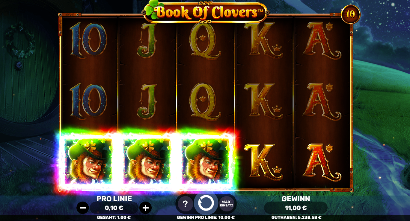 Book-of-Clovers-Slot mit leuchtenden Kobold‑Symbolen, Kartenwerten und Gewinnanzeige.