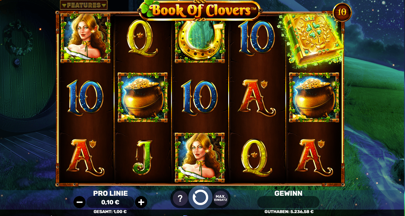 Book-of-Clovers-Slot mit leuchtendem Buch‑Scatter, Goldtopf, Hufeisen und Kleebl&auml;ttern.