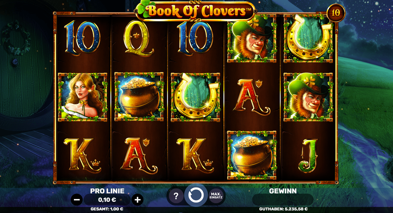 Book-of-Clovers-Slot mit Kobold, Goldtopf, Hufeisen, Kartenwerten und gr&uuml;ner Waldkulisse.
