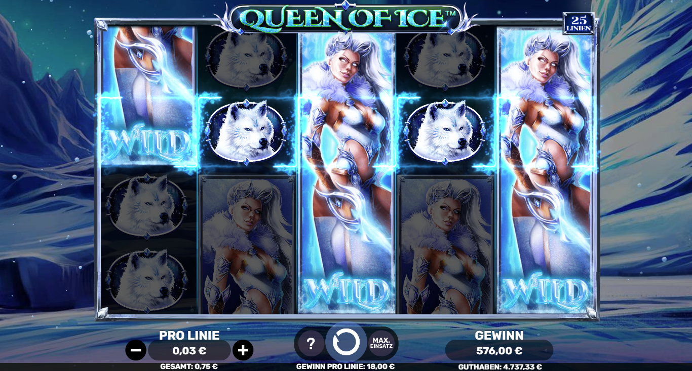 Queen-of-Ice-Slot mit gestapelten Eis‑K&ouml;nigin‑Wilds, Wolfsymbolen, Frost‑Effekten und Gewinn.