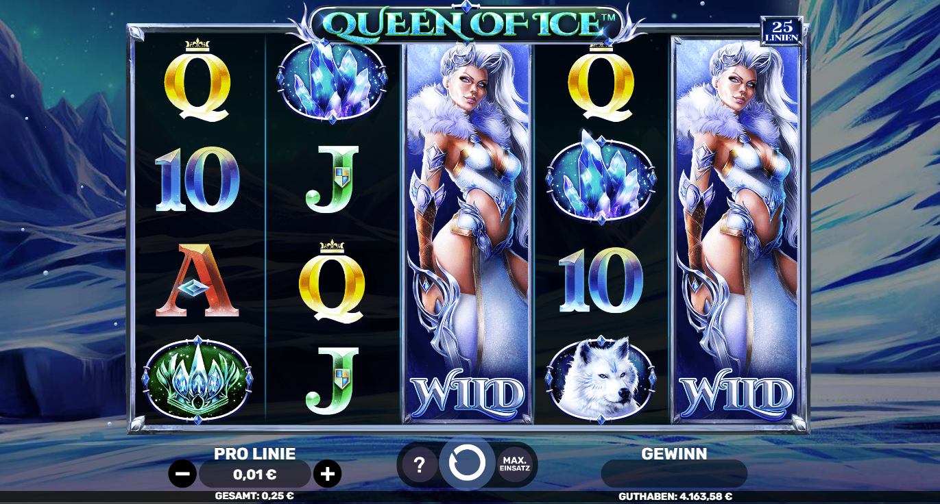 Queen-of-Ice-Slot mit Eis‑K&ouml;nigin‑Wild, Kristallen, Wolf, Kartenwerten und 25 Linien.