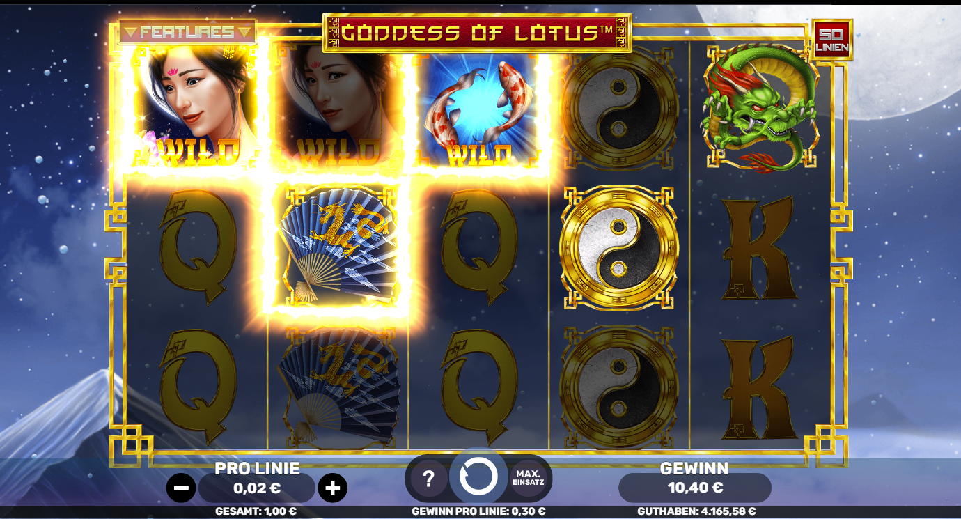 Goddess-of-Lotus-Slot mit leuchtenden Wild‑Symbolen, Koi‑Wild, Drachen, Yin‑Yang und Gewinn.