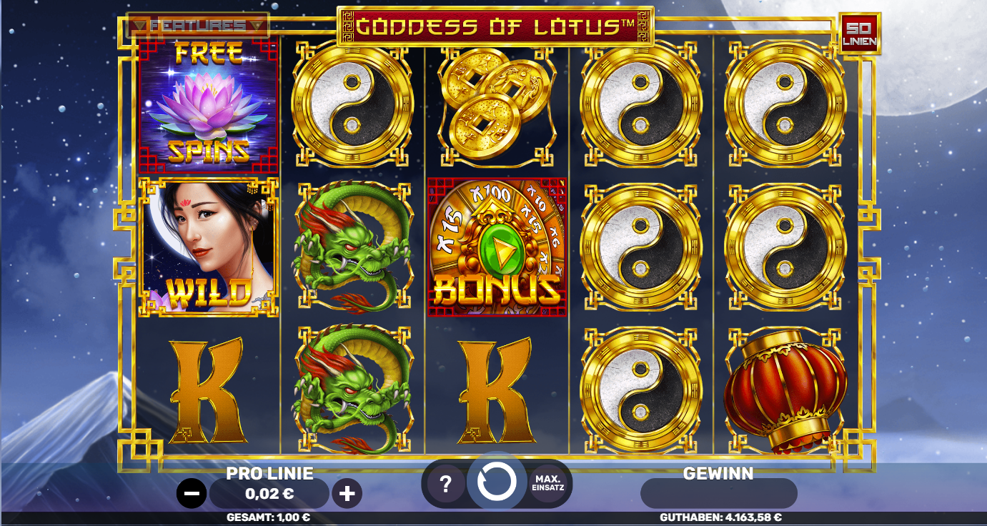 Goddess-of-Lotus-Slot mit G&ouml;ttinnen‑Wild, Drachen, Yin‑Yang, Bonus‑Rad und Free Spins.