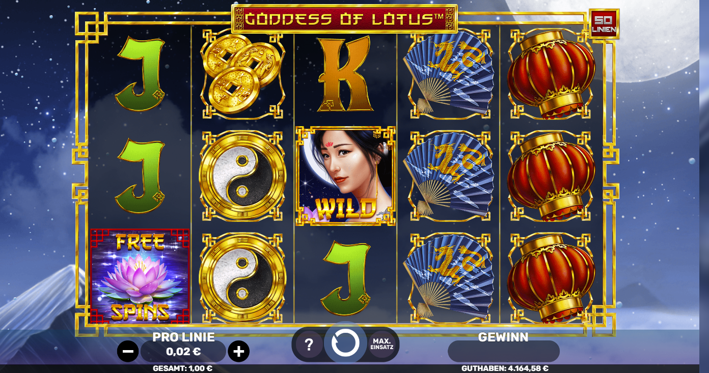 Goddess-of-Lotus-Slot mit Wild‑G&ouml;ttinnenportr&auml;t, Yin‑Yang, F&auml;chern, Laternen und Free Spins.
