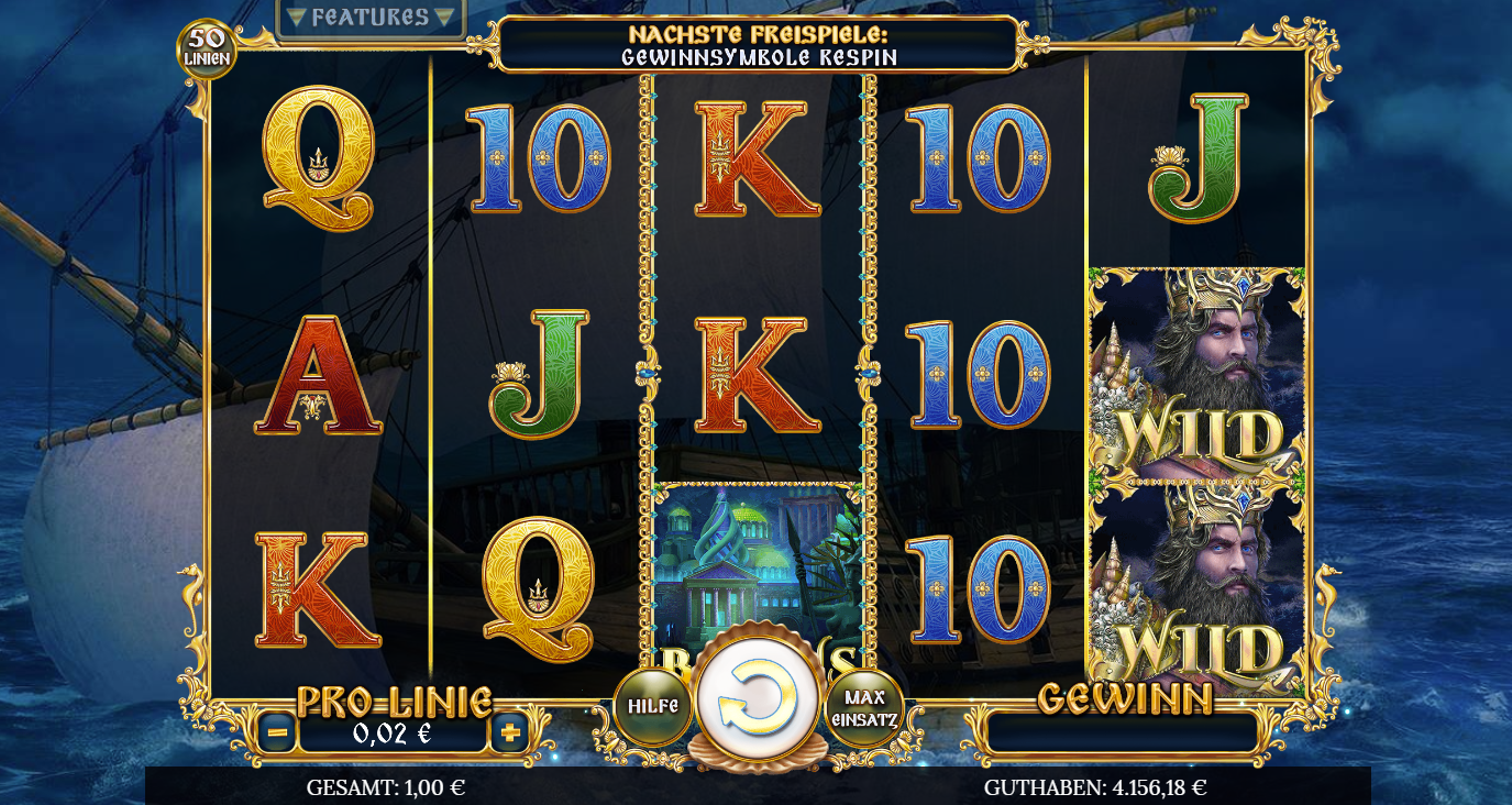 Poseidon&acute;s-Rising-Slot mit gestapeltem Poseidon‑Wild, Bonus‑Tempel und A‑K‑Q‑10‑Symbolen.