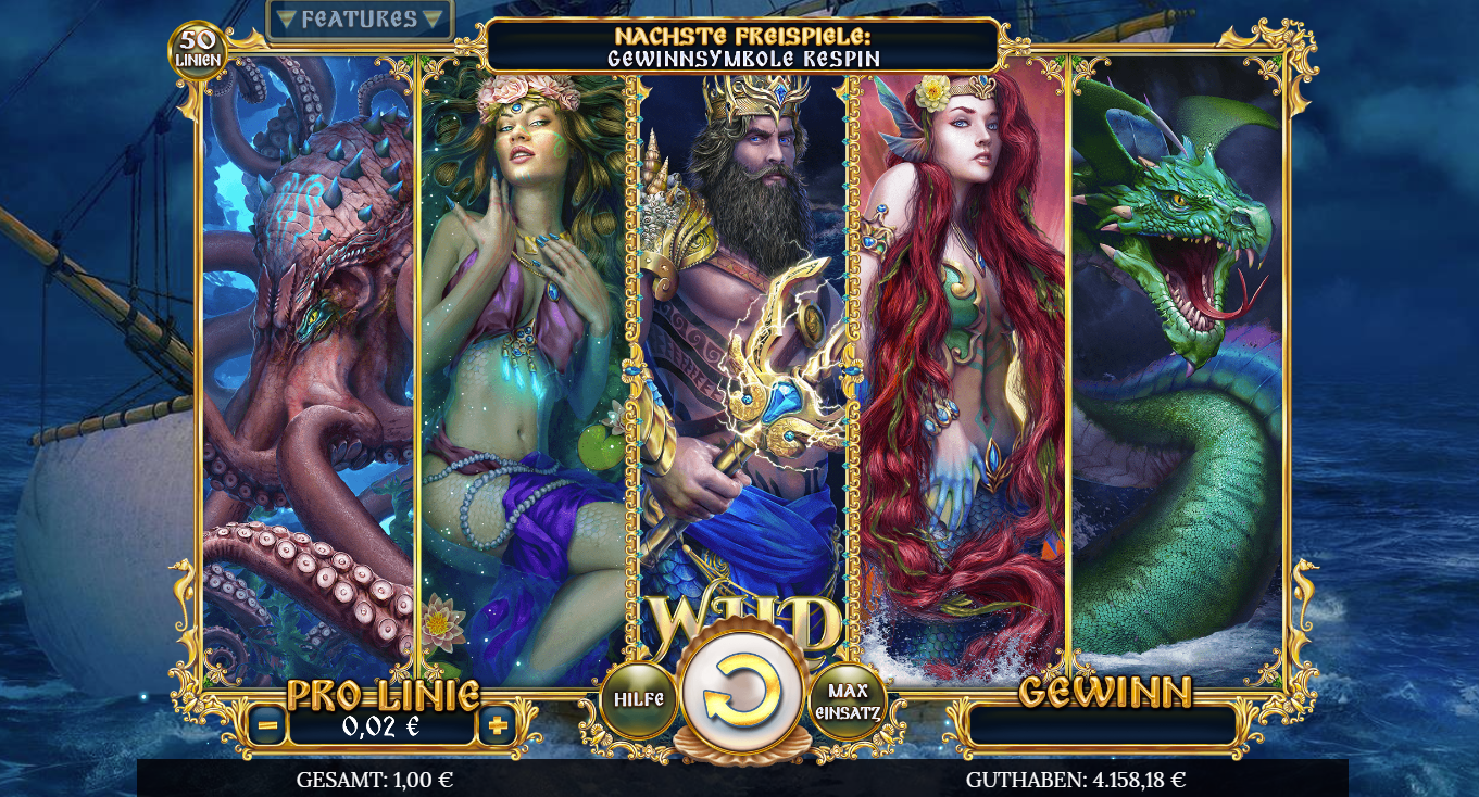 Poseidon&acute;s-Rising-Slot mit Kraken, Meeresgott, Nymphen, Seeschlange und Wild‑Respin.