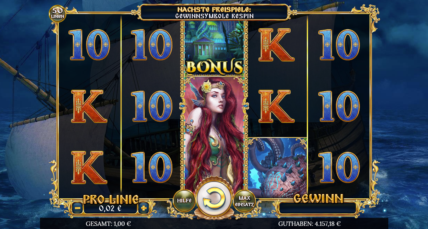 Poseidon&acute;s-Rising-Slot mit Bonus‑Tempel, Nymphen‑Symbol, Kraken, Seeschlange, K‑10.
