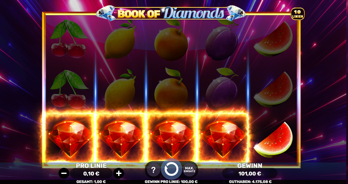 Book-of-Diamonds-Slot mit Diamant‑Gewinnlinie, leuchtenden roten Edelsteinen und Fr&uuml;chten.
