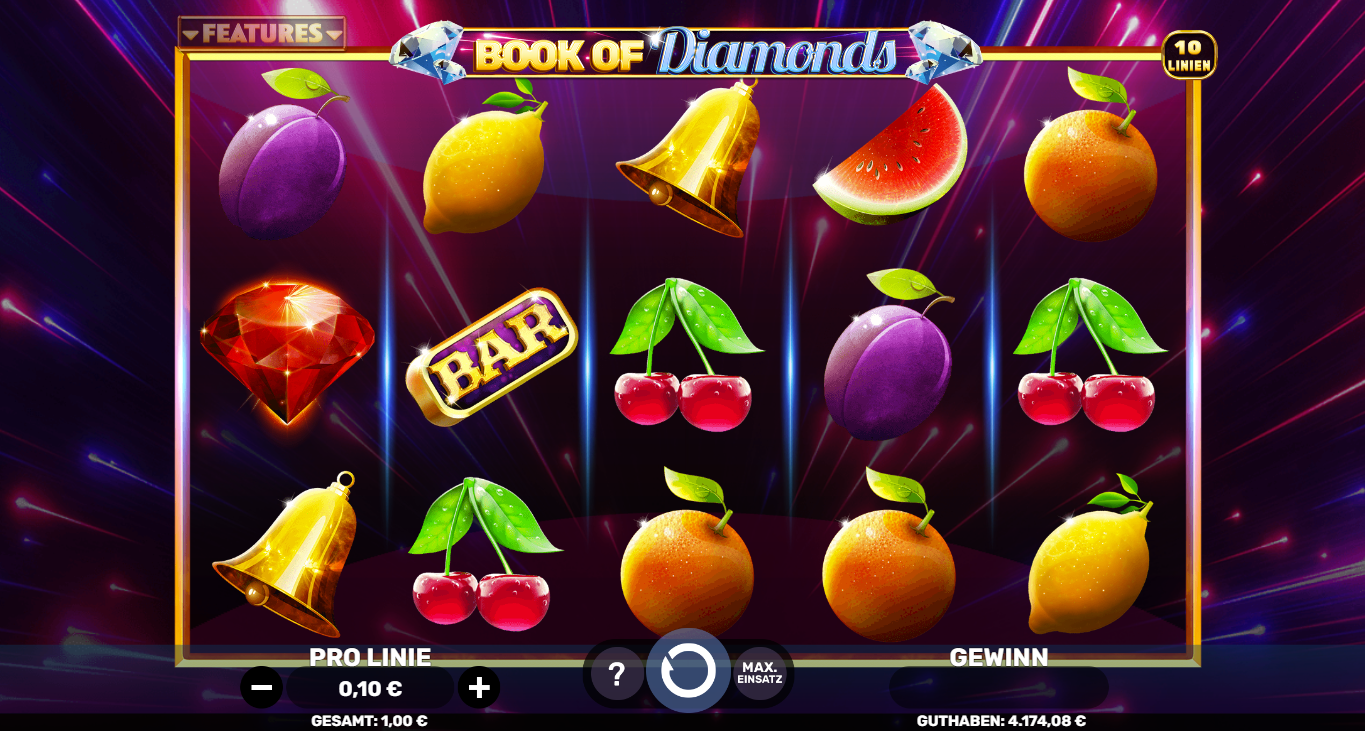 Book-of-Diamonds-Slot mit Diamant, BAR, Glocken, Kirschen, Zitronen und Fr&uuml;chten.