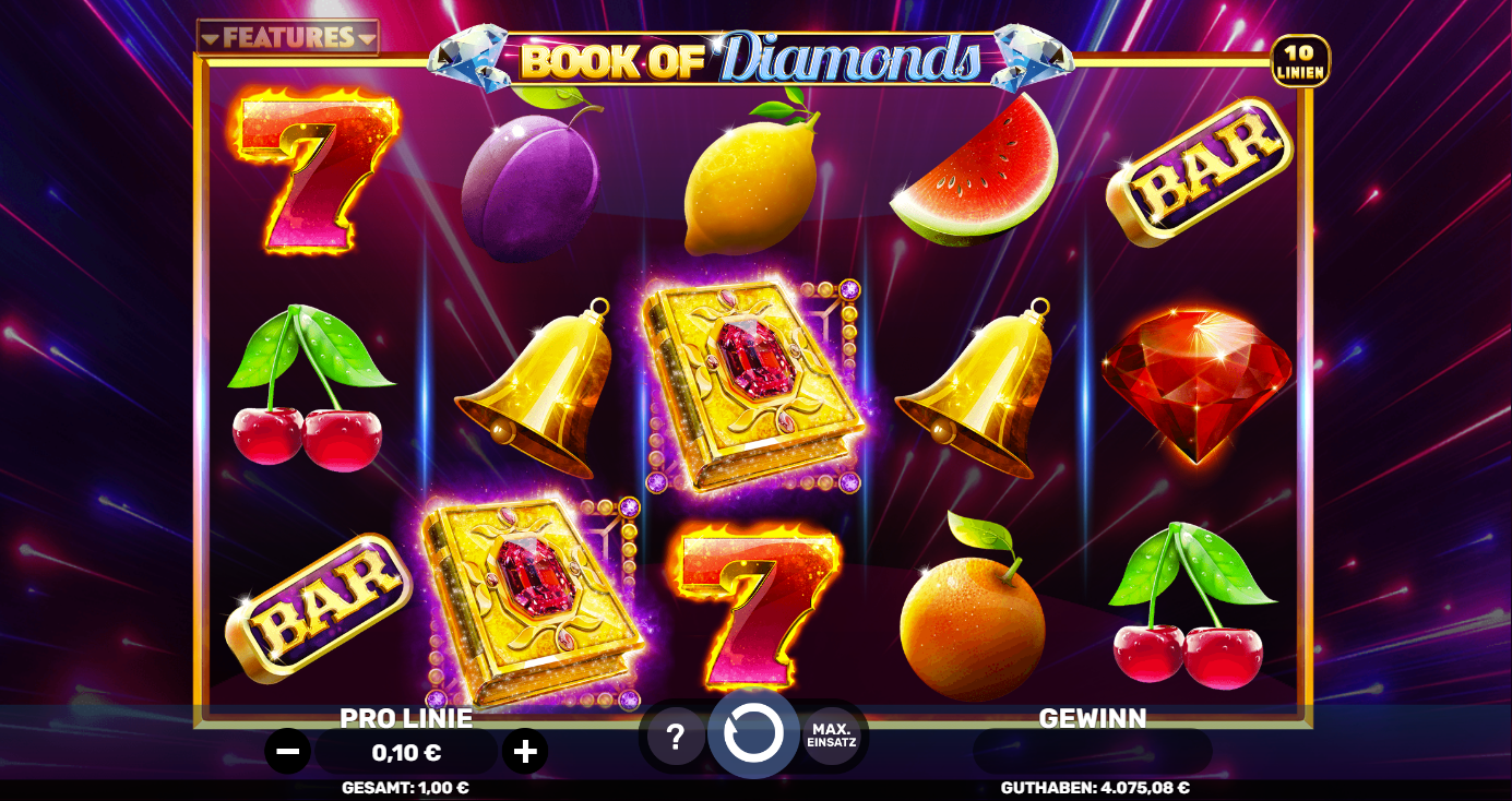 Book-of-Diamonds-Slot mit Buch‑Scatter, Diamant, BAR, Glocken, Fr&uuml;chten und Sieben.
