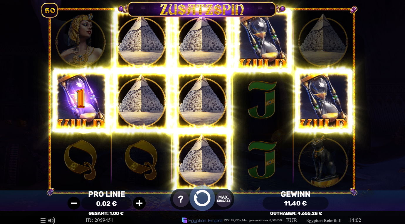 Egyptian-Rebirth-2-Slot mit Zusatzspin, Wild‑Sanduhren, Pyramiden und leuchtenden Gewinnfeldern.