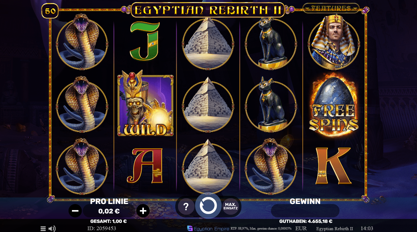 Egyptian-Rebirth-2-Slot mit Kobra, Wild‑Pharao, Pyramiden, Katzenstatue und Free Spins.