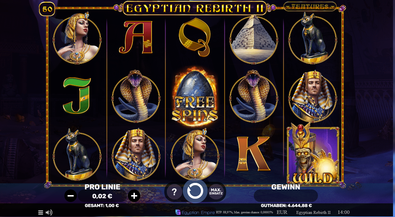 Egyptian-Rebirth-2-Slot mit Free Spins, Pharao, Katzenstatue, Kobra und Wild.