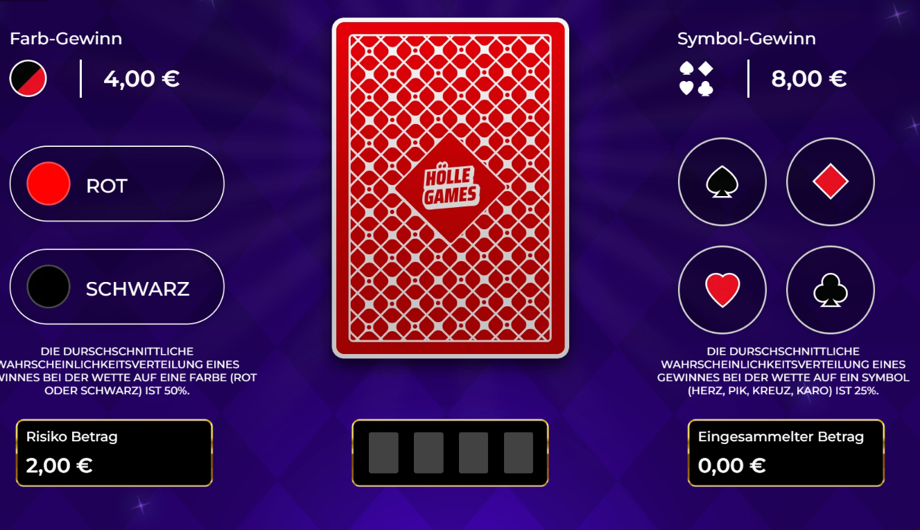 Glücksspiel-Interface für eine Farb- und Symbolwette auf eine Karte mit der Option Rot oder Schwarz.