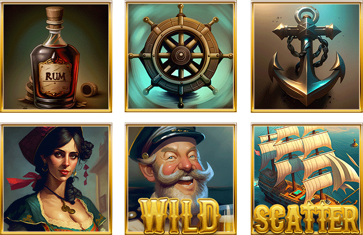 Symbole aus einem Piraten-Themenspiel: Rum, Schiffsrad, Anker, Wild-Symbol, Piratenfrau, Kapitän und Schiff.