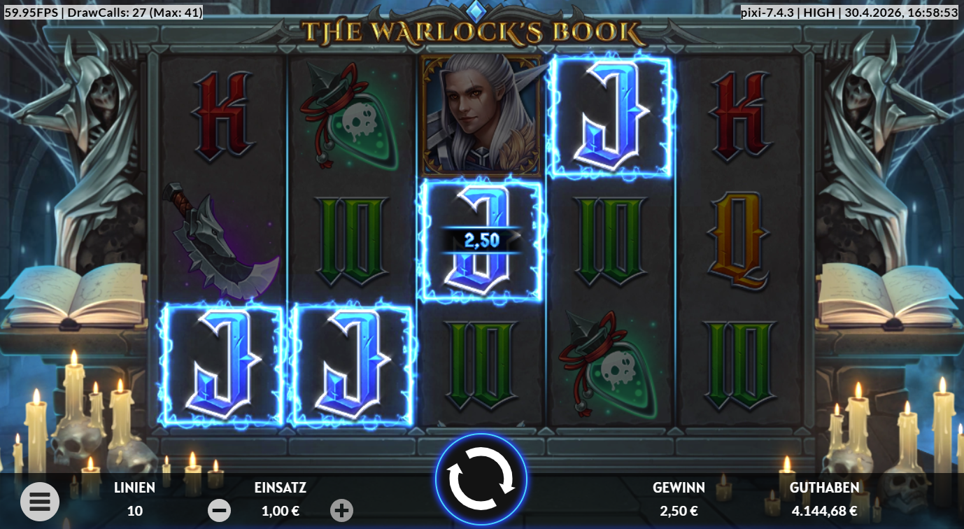 The-Warlock&acute;s-Book-Slot mit leuchtenden J‑Symbolen, Elf, Dolch, Trank und Gewinnanzeige.