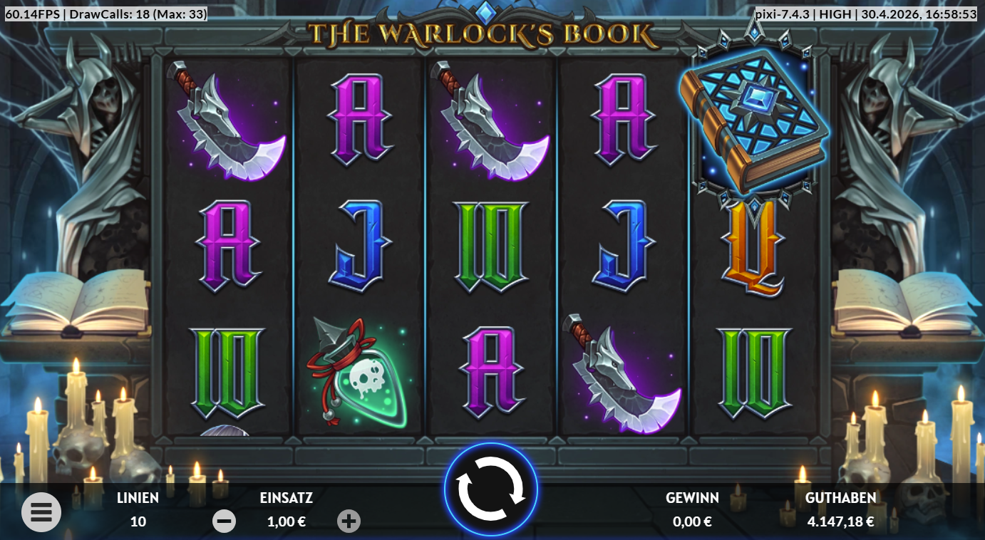 The-Warlock&acute;s-Book-Slot mit Buch‑Wild, Dolchen, Trank, Q‑J‑A‑Symbolen.
