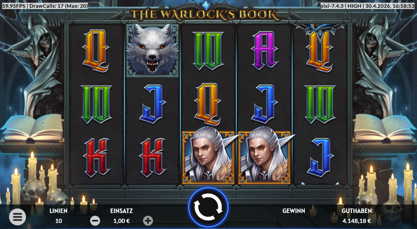 The-Warlock&acute;s-Book-Slot mit Wolf, Elf‑Portr&auml;ts, bunten Q‑J‑K‑A‑Symbolen.
