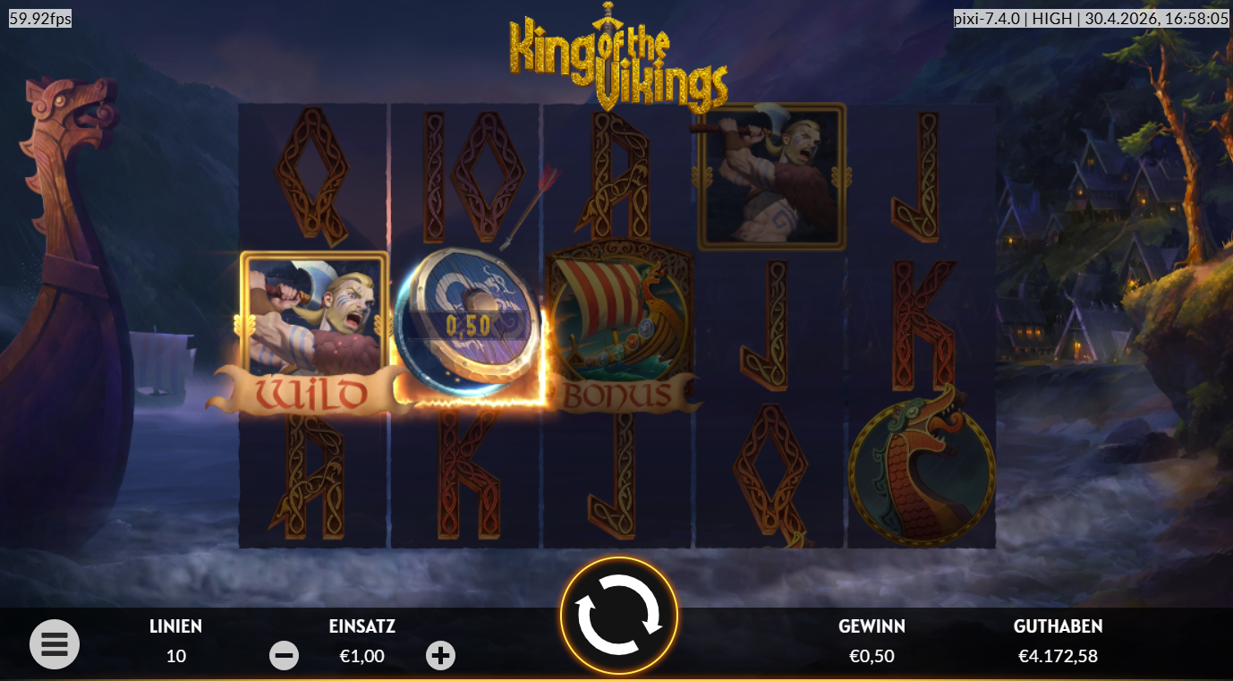 King-of-the-Vikings-Slot mit Wild‑Krieger, Bonus‑Schiff, Drachen‑Symbol und Runen.