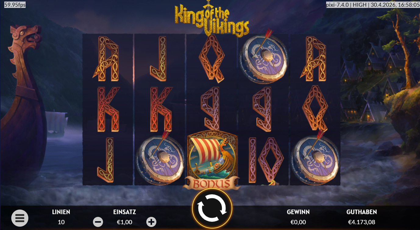 King-of-the-Vikings-Slot mit Bonus‑Schiff, Schild, Runen‑Q‑K‑J und Wikingerdesign.