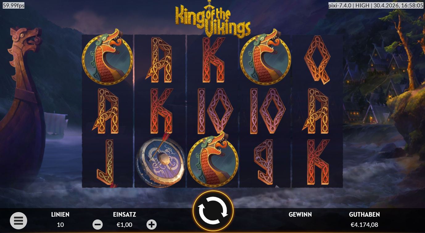 King-of-the-Vikings-Slot mit Drachen‑Symbolen, Schild, Runen‑A‑K‑Q‑J und Wikinger‑Szene.