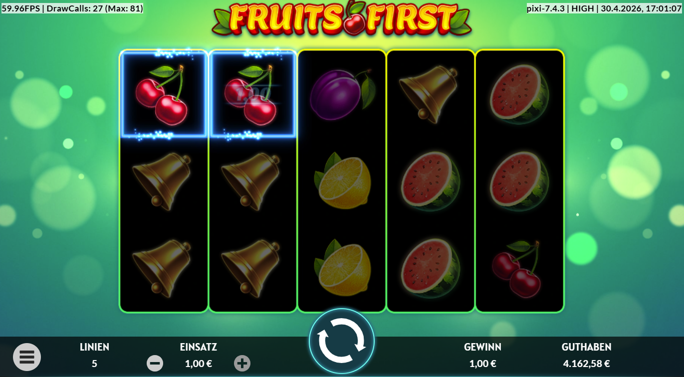 Fruits-First-Slot mit markierten Gewinnfeldern, Kirschen, Glocken, Melonen und Zitronen.