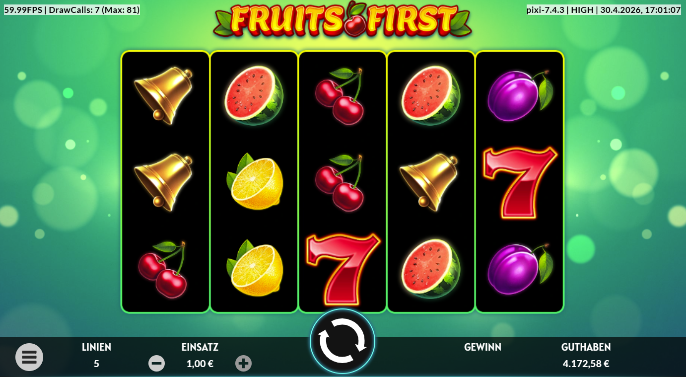 Fruits-First-Slot mit Glocken, Kirschen, Zitronen, Pflaumen, Melonen und roten Sieben.