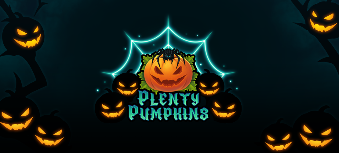 Plenty Pumpkins Spiel-Logo mit gruseligen Kürbissen und einem Spinnennetz.