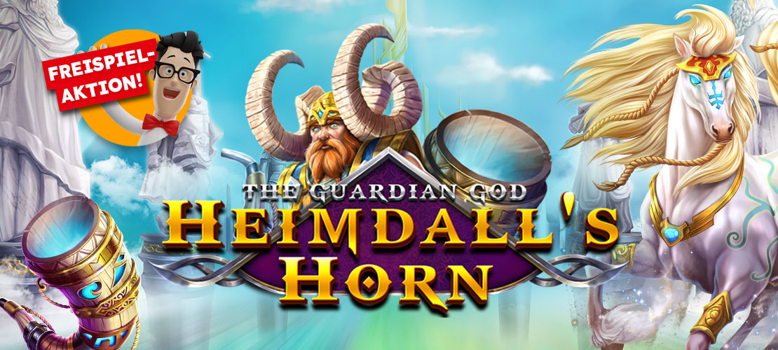 Slotgrafik Heimdall’s Horn mit nordischem Gott, Horn und Blitzen.