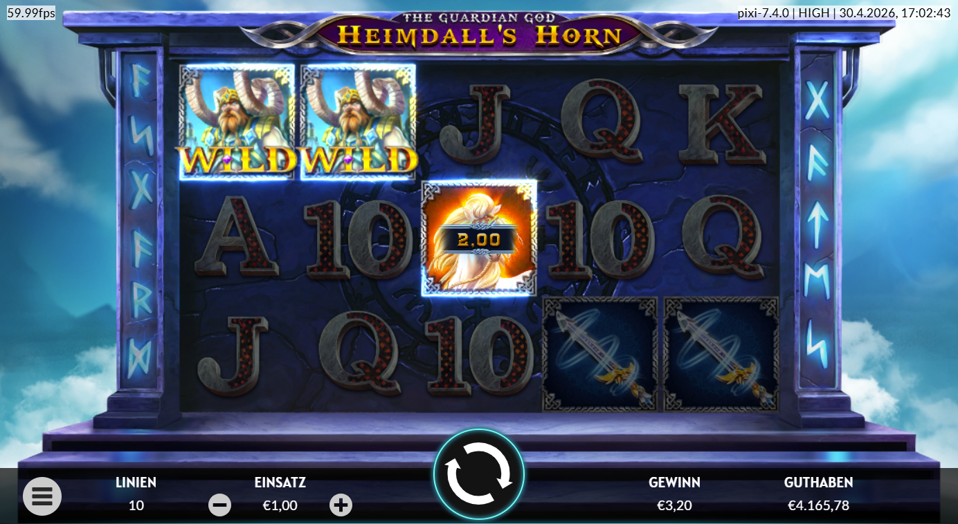 The-Guardian-God-Heimdall&acute;s-Horn-Slot mit Doppel‑Wild, Pferd, Schwertern und Runen‑Buchstaben.