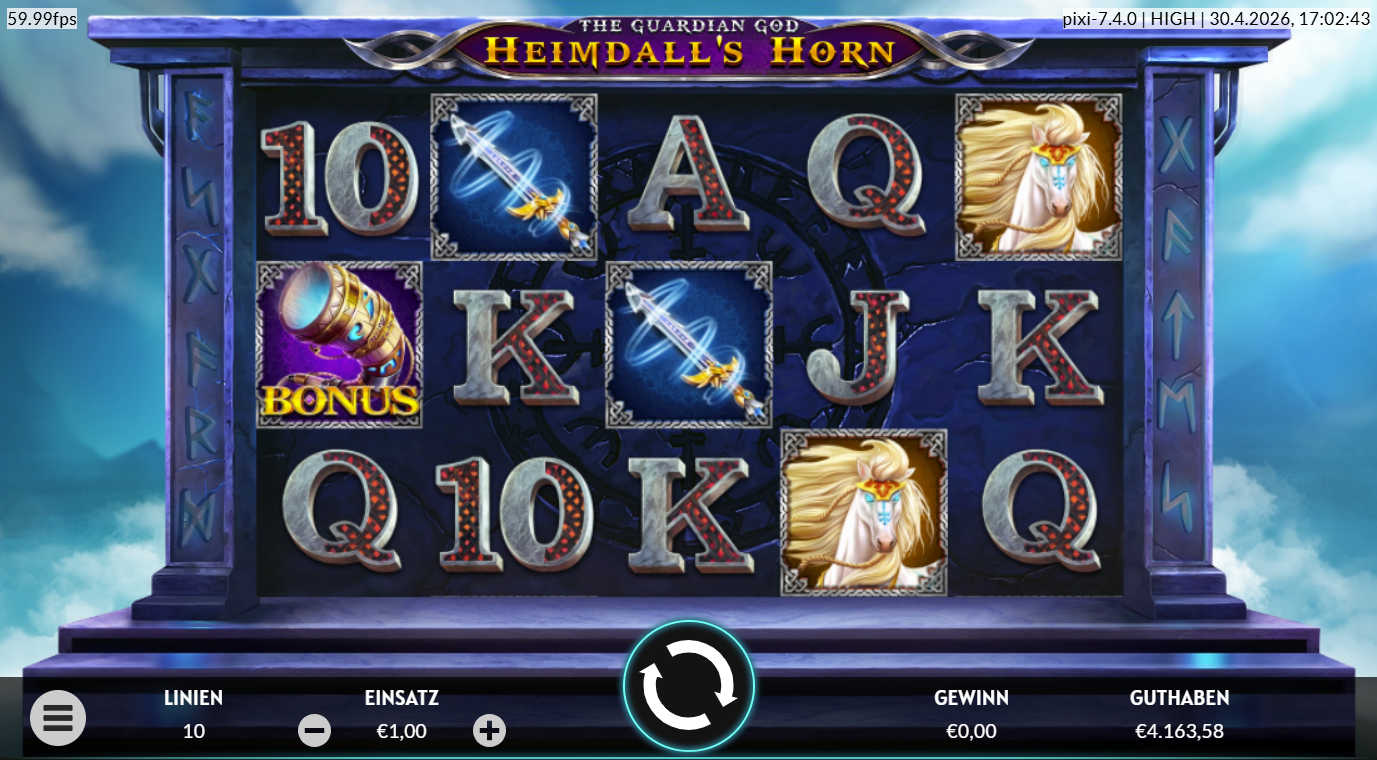 The-Guardian-God-Heimdall&acute;s-Horn-Slot mit Horn‑Bonus, Schwert, Pferd und Runen‑Buchstaben.