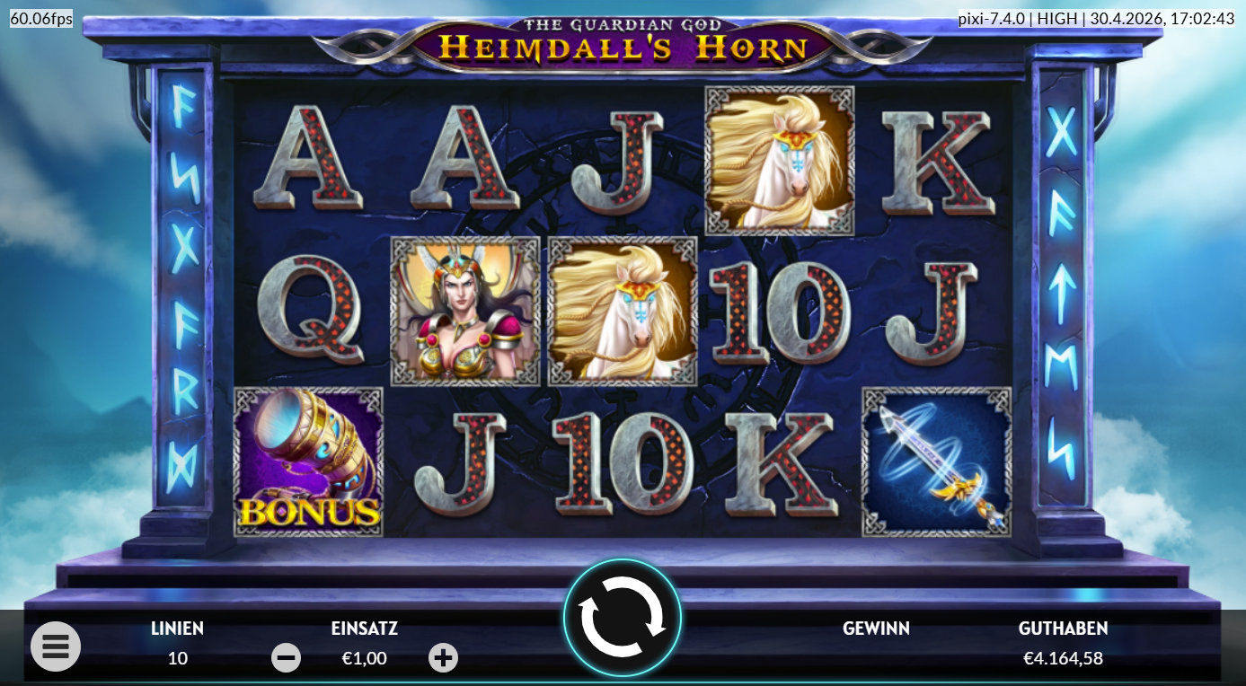 The-Guardian-God-Heimdall&acute;s-Horn-Slot Horn‑Bonus, Walk&uuml;re, Pferd, Schwert und Runen‑Buchstaben.