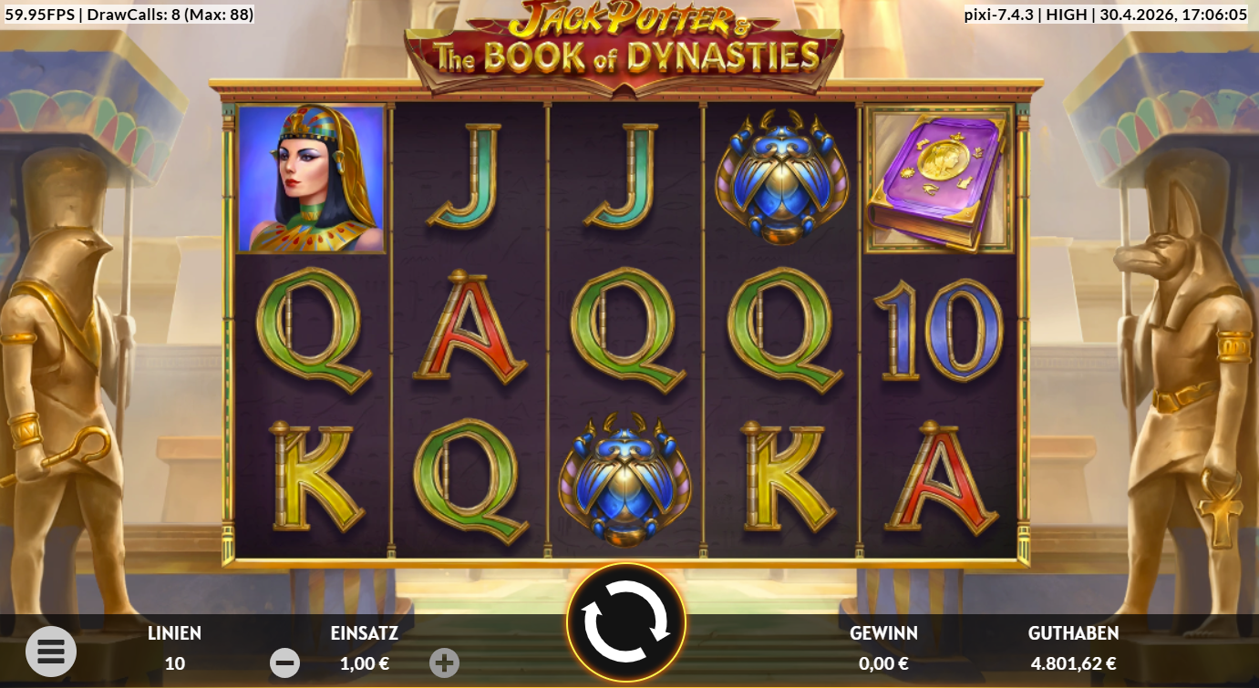 Jack-Potter-and-the-Book-of-Dynasties-Slot mit Buch‑Scatter, Cleopatra‑Symbol, Skarab&auml;us und Kartenwerten.