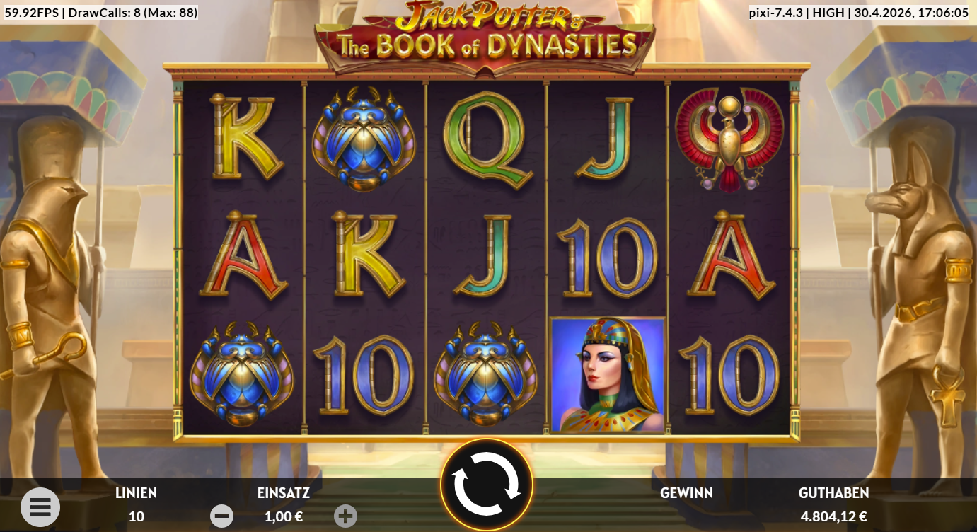 Jack-Potter-and-the-Book-of-Dynasties-Slot mit Book‑Scatter, Cleopatra, Skarab&auml;usund Kartenwerten.