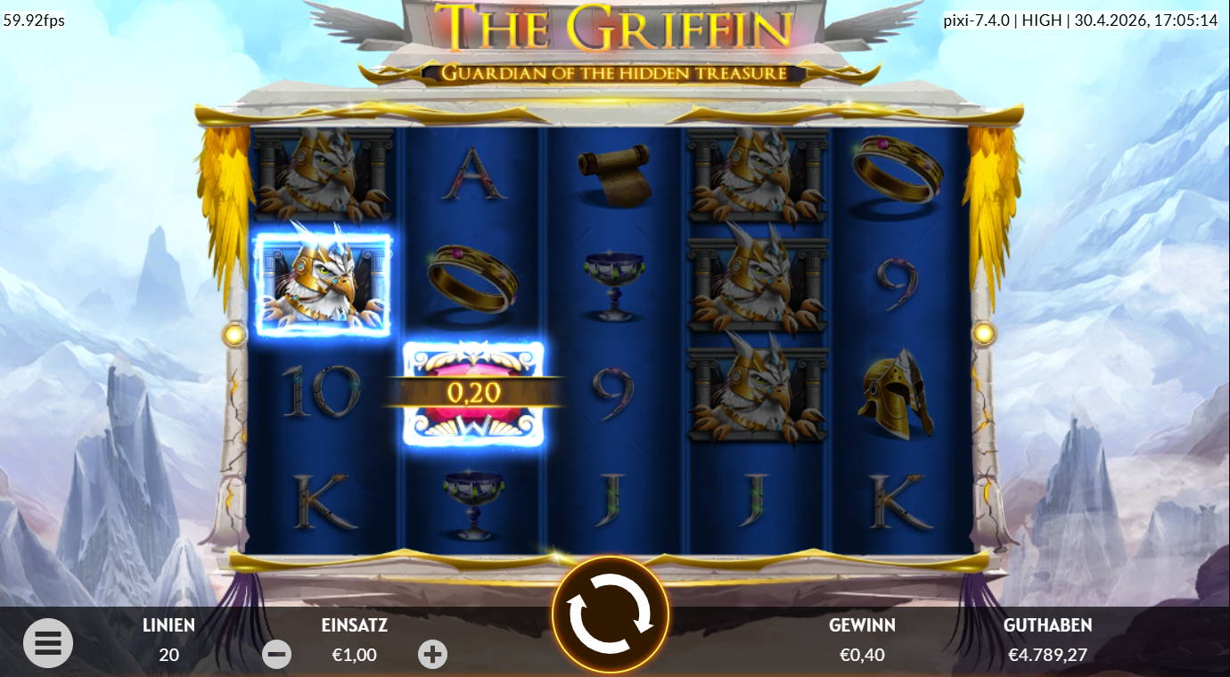 The-Griffin-Slot mit leuchtendem Gewinnfeld, Greif‑Wild, Helm, Ring und Kartenwerten.