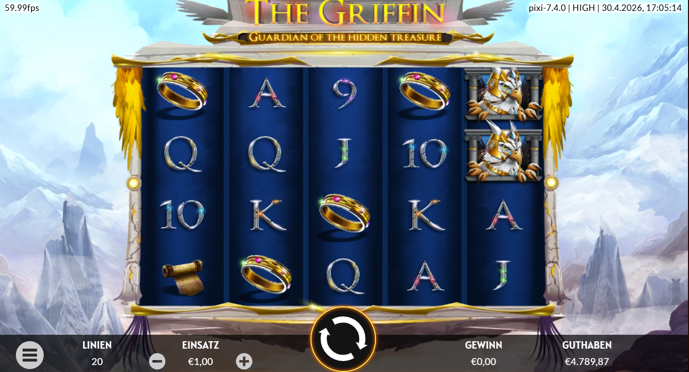 The-Griffin-Slot mit Greif‑Wild, Ringen, Schriftrollen und Kartenwerten.