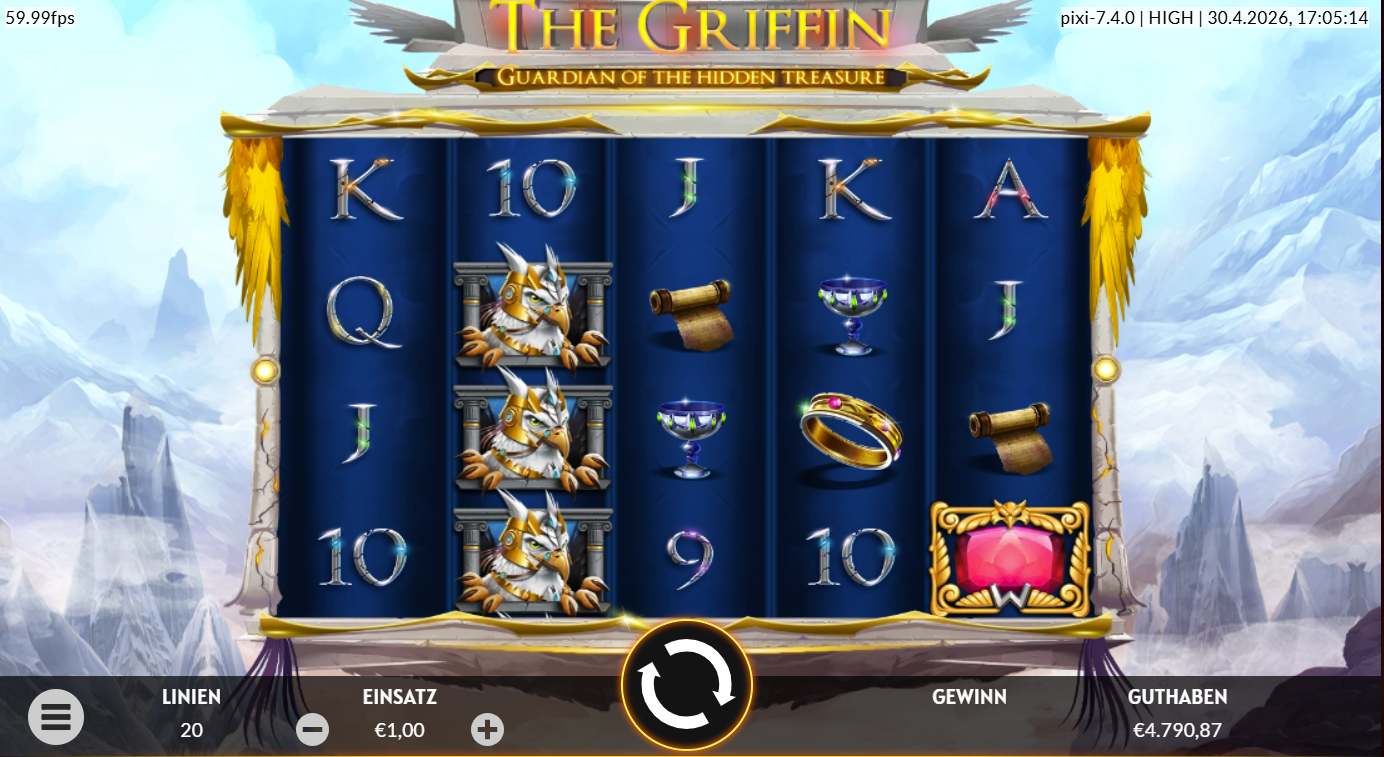 The-Griffin-Slot mit Greif‑Wilds, Kelch, Ring, Schriftrolle und Kartensymbolen.