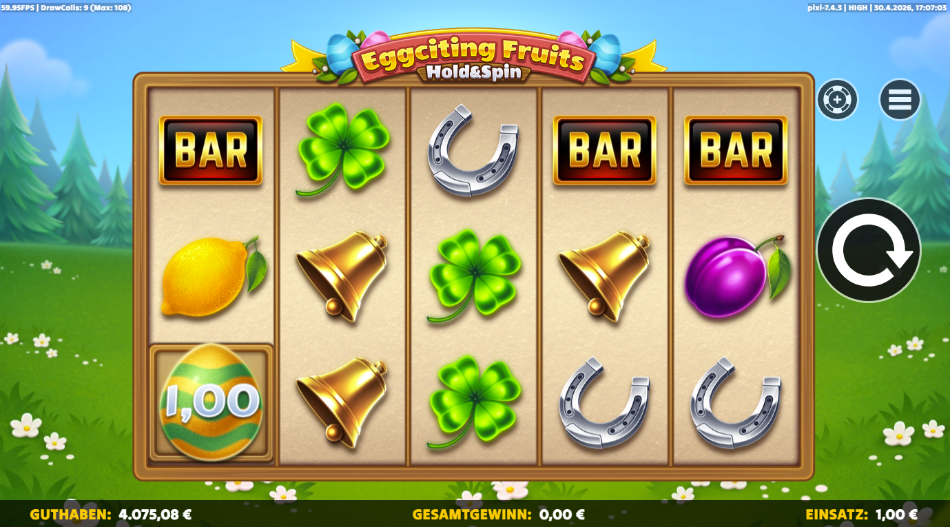 Eggciting-Fruits-Hold-and-Spin-Slot mit Ei‑Geldwert, BARs, Klee, Glocken und Hufeisen.