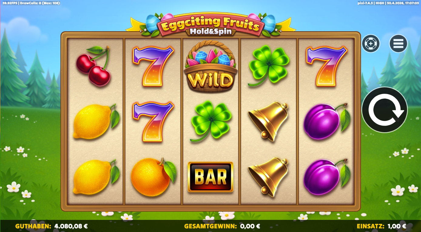 Eggciting-Fruits-Hold-and-Spin-Slot mit Eierkorb‑Wild, Siebenen, Glocken, BAR, Klee und Fr&uuml;chten.