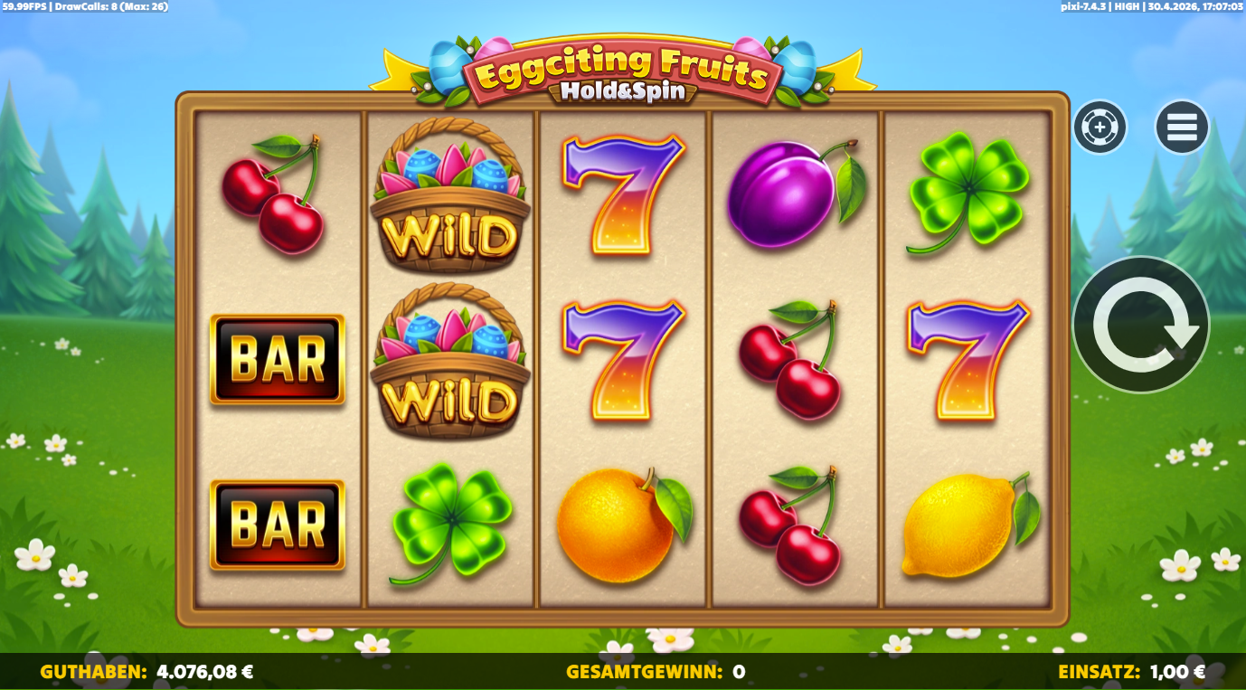Eggciting-Fruits-Hold-and-Spin-Slot mit Eierkorb‑Wild, Siebenen, BAR, Kirschen, Klee und Zitrone.